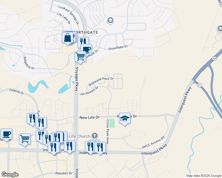 map of restaurants, bars, coffee shops, grocery stores, and more near 1795 Jet Stream Drive in Colorado Springs