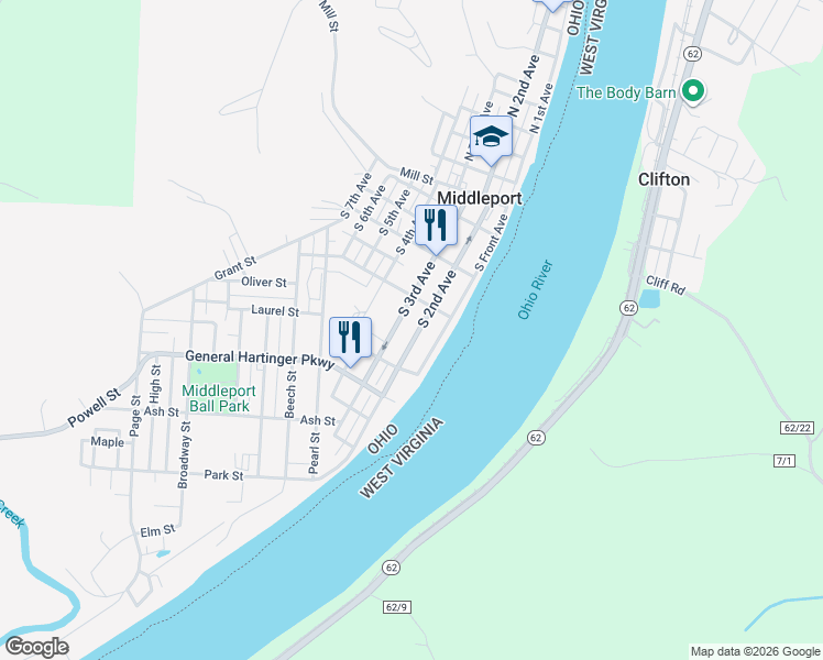 map of restaurants, bars, coffee shops, grocery stores, and more near 648 S 2nd Ave in Middleport