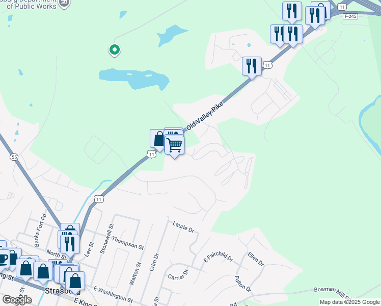 map of restaurants, bars, coffee shops, grocery stores, and more near 225 Brandy Court in Strasburg