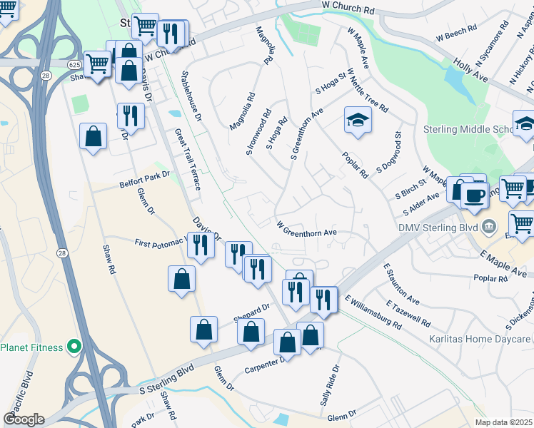 map of restaurants, bars, coffee shops, grocery stores, and more near 1048 Margate Court in Sterling