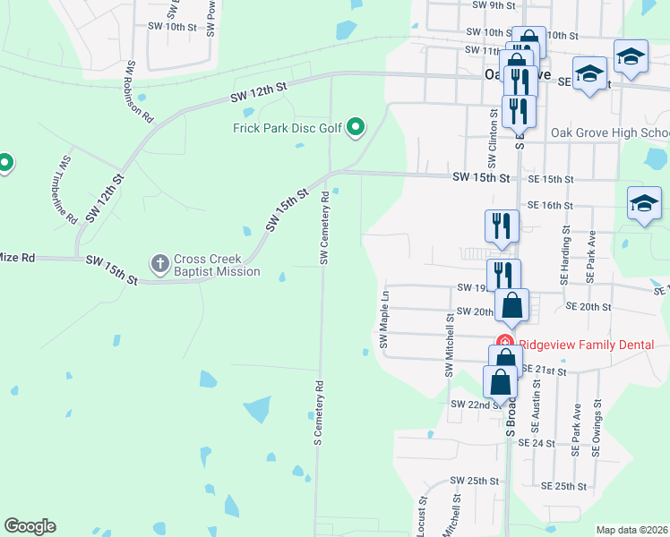 map of restaurants, bars, coffee shops, grocery stores, and more near 1801 Southwest Cemetery Road in Oak Grove