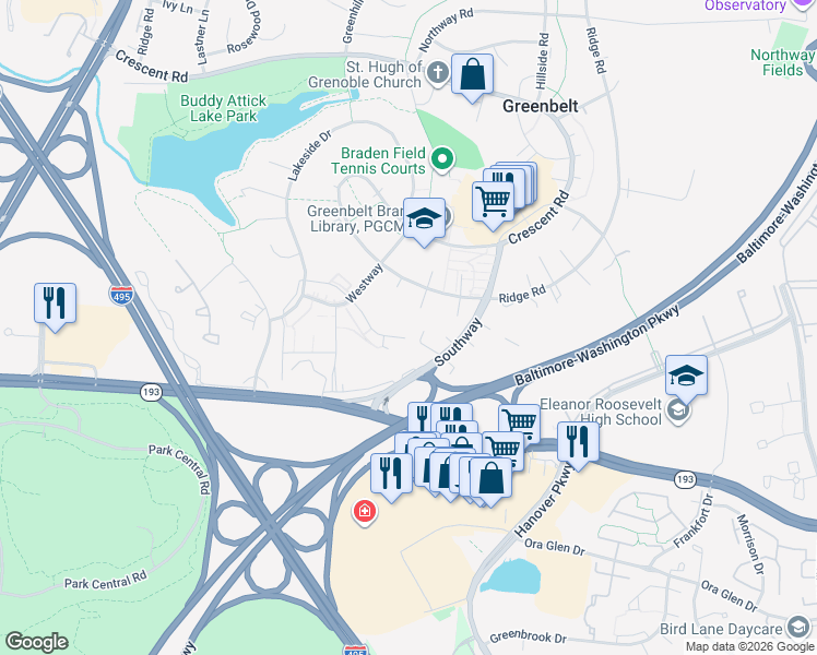 map of restaurants, bars, coffee shops, grocery stores, and more near 157 Westway in Greenbelt