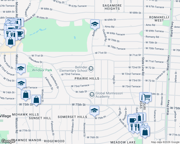 map of restaurants, bars, coffee shops, grocery stores, and more near 7230 Belinder Avenue in Prairie Village