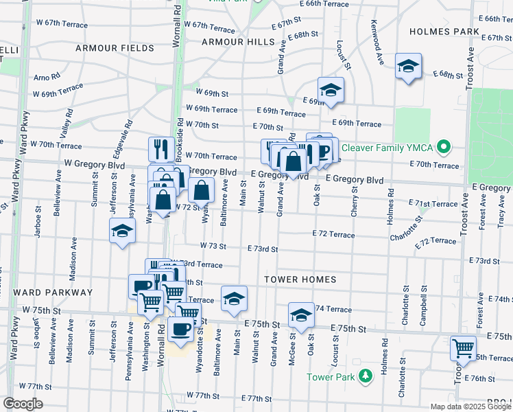 map of restaurants, bars, coffee shops, grocery stores, and more near 7122 Walnut Street in Kansas City