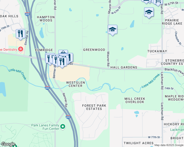 map of restaurants, bars, coffee shops, grocery stores, and more near 7204 Legler Street in Shawnee
