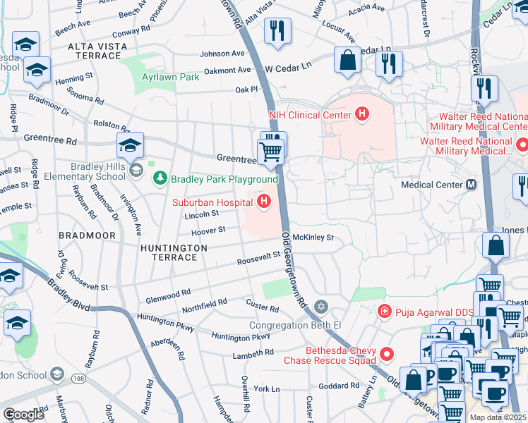 map of restaurants, bars, coffee shops, grocery stores, and more near 8600 Old Georgetown Road in Bethesda
