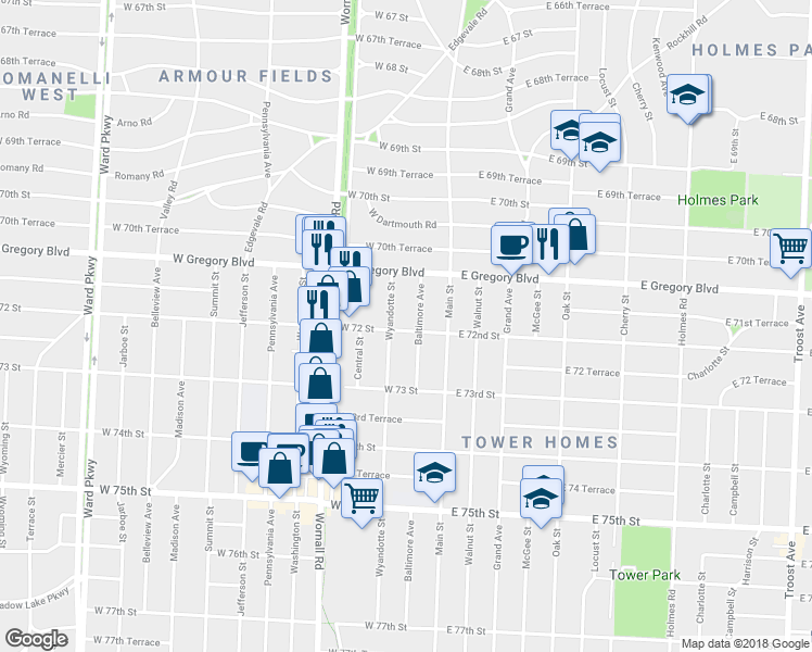 map of restaurants, bars, coffee shops, grocery stores, and more near 106 West 72nd Street in Kansas City