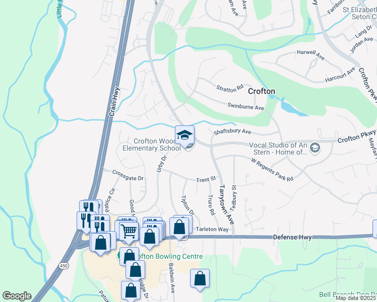 map of restaurants, bars, coffee shops, grocery stores, and more near 1750 Urby Drive in Crofton