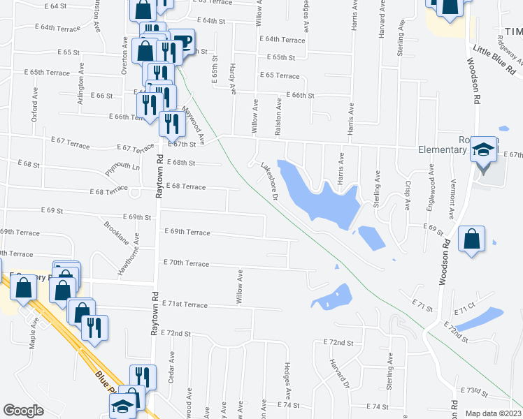 map of restaurants, bars, coffee shops, grocery stores, and more near 10512 East 69th Street in Raytown
