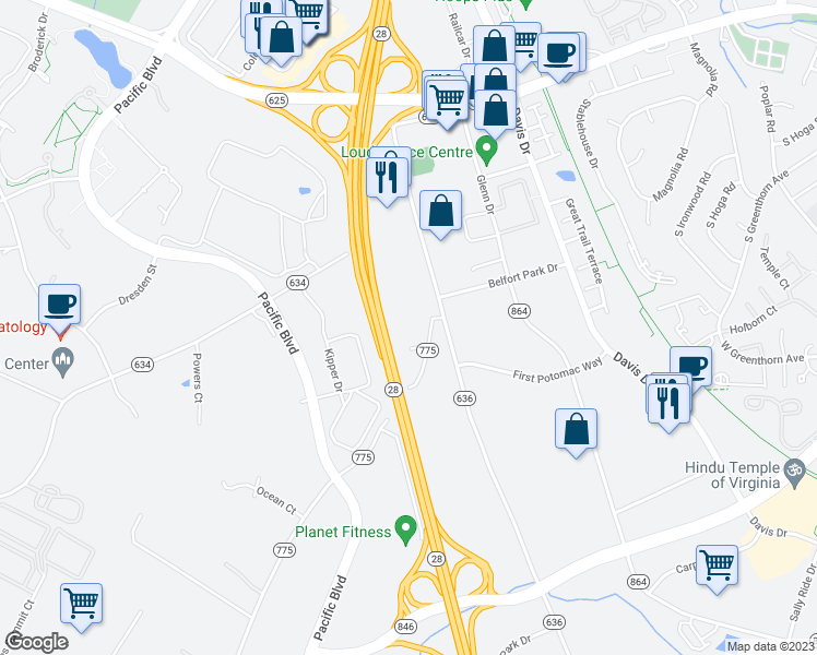 map of restaurants, bars, coffee shops, grocery stores, and more near 22455 Lindsay Cars Court in Sterling