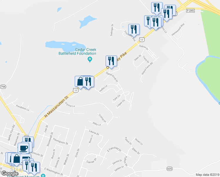 map of restaurants, bars, coffee shops, grocery stores, and more near Halley Lane in Strasburg