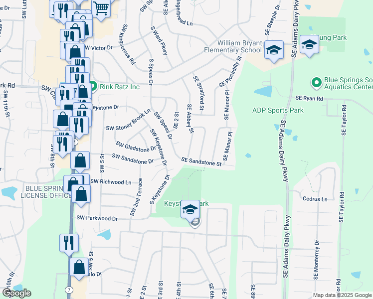 map of restaurants, bars, coffee shops, grocery stores, and more near 2001 Southeast Abbey Street in Blue Springs