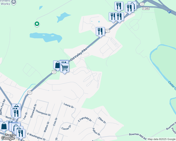 map of restaurants, bars, coffee shops, grocery stores, and more near 65 Hailey Lane in Strasburg