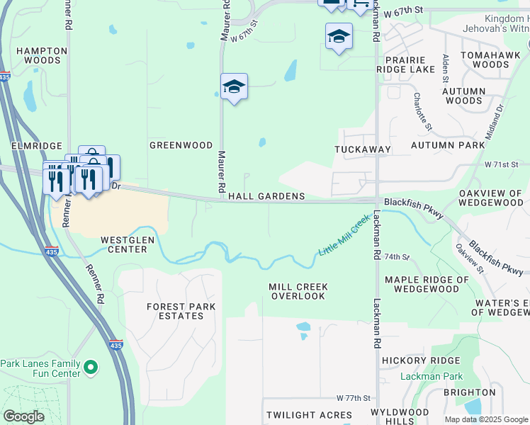 map of restaurants, bars, coffee shops, grocery stores, and more near 7135 Allman Drive in Shawnee