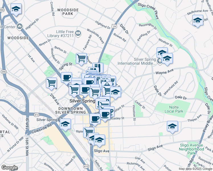 map of restaurants, bars, coffee shops, grocery stores, and more near 815 Pershing Drive in Silver Spring