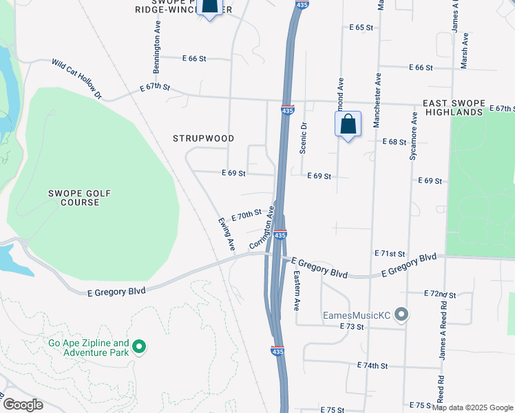 map of restaurants, bars, coffee shops, grocery stores, and more near 7155 East 69 Terrace in Kansas City