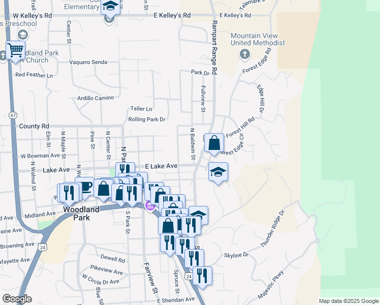 map of restaurants, bars, coffee shops, grocery stores, and more near 540 North Baldwin Street in Woodland Park