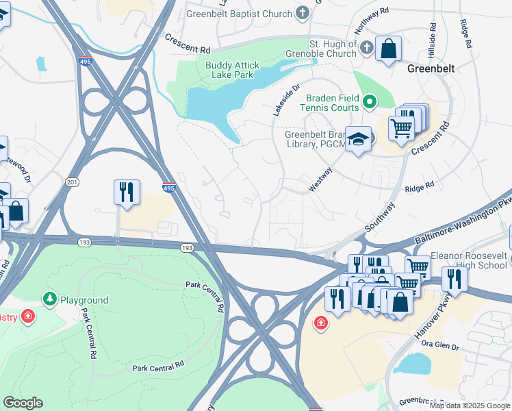 map of restaurants, bars, coffee shops, grocery stores, and more near 7758 Lakecrest Drive in Greenbelt
