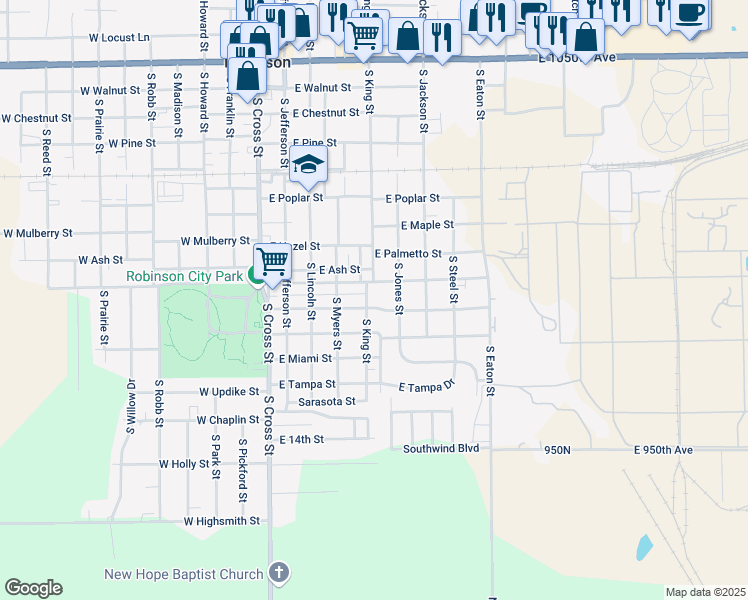 map of restaurants, bars, coffee shops, grocery stores, and more near 400-498 East Emmons Street in Robinson