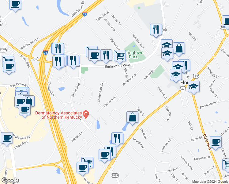 map of restaurants, bars, coffee shops, grocery stores, and more near 398 Roberta Avenue in Florence