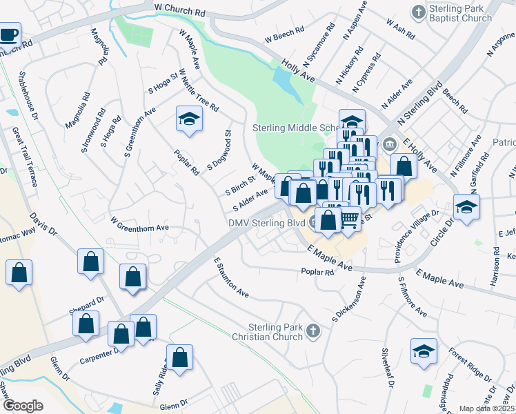 map of restaurants, bars, coffee shops, grocery stores, and more near 703 South Sterling Boulevard in Sterling