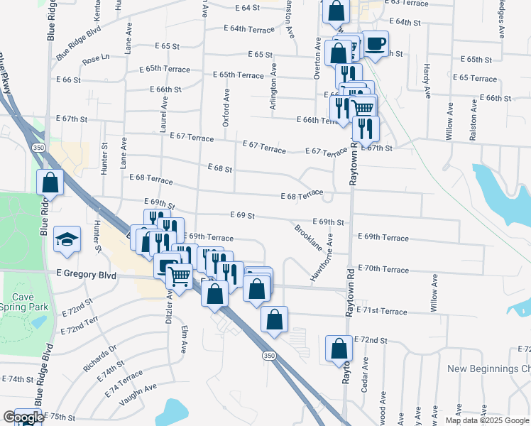 map of restaurants, bars, coffee shops, grocery stores, and more near 9601 East 68 Terrace in Raytown