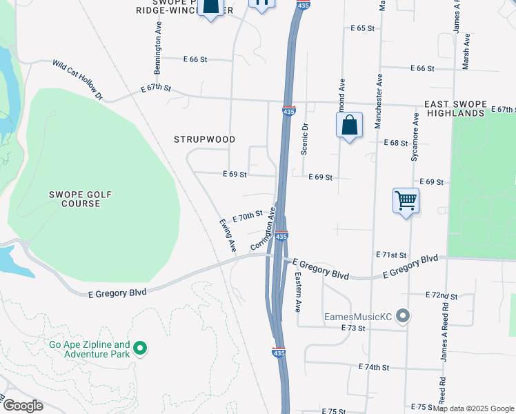 map of restaurants, bars, coffee shops, grocery stores, and more near 7155 East 69 Terrace in Kansas City