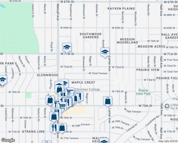 map of restaurants, bars, coffee shops, grocery stores, and more near 6601 West 72nd Street in Overland Park