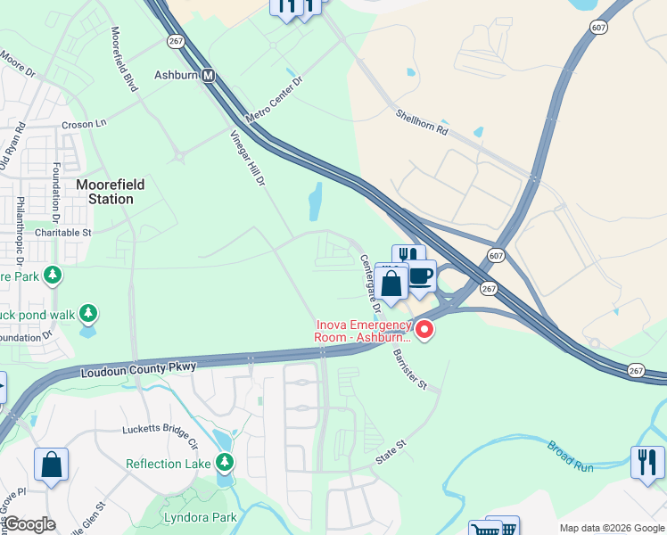 map of restaurants, bars, coffee shops, grocery stores, and more near 22356 Concord Station Terrace in Ashburn