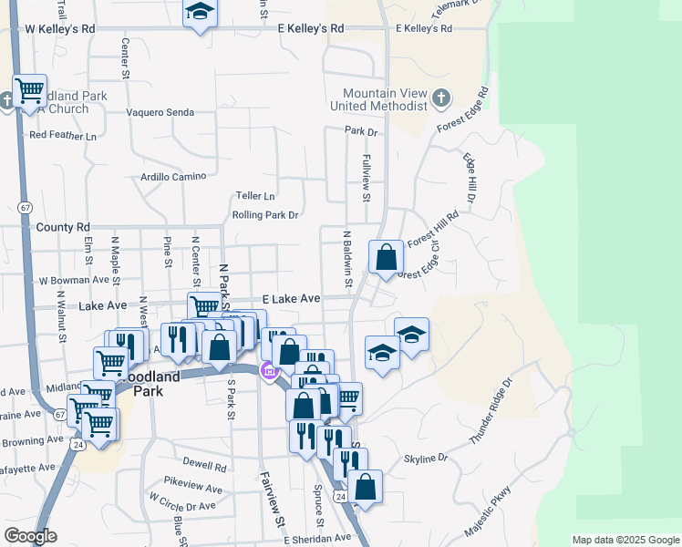 map of restaurants, bars, coffee shops, grocery stores, and more near 540 North Baldwin Street in Woodland Park