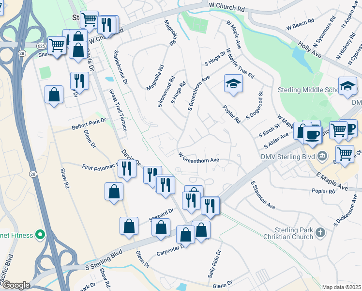 map of restaurants, bars, coffee shops, grocery stores, and more near 894 Holborn Court in Sterling