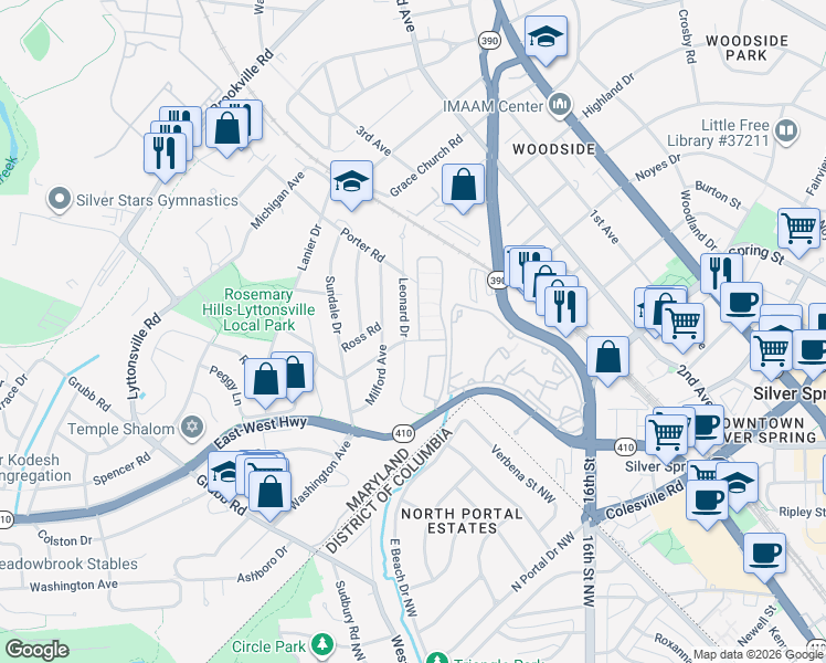 map of restaurants, bars, coffee shops, grocery stores, and more near 1221 Spencer Road in Silver Spring