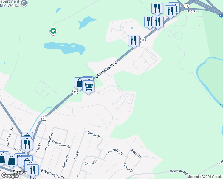 map of restaurants, bars, coffee shops, grocery stores, and more near 35 Brandy Court in Strasburg