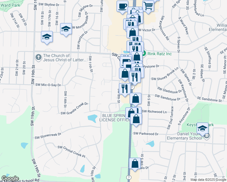 map of restaurants, bars, coffee shops, grocery stores, and more near 2000 Southwest 9th Street in Blue Springs