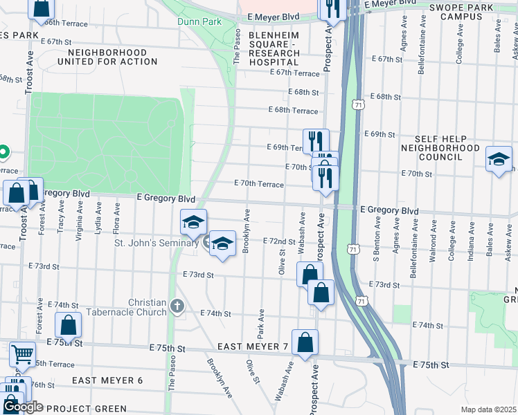 map of restaurants, bars, coffee shops, grocery stores, and more near 2200 East Gregory Boulevard in Kansas City