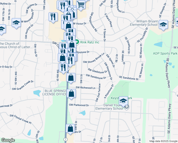 map of restaurants, bars, coffee shops, grocery stores, and more near 323 Southwest Gladstone Drive in Blue Springs