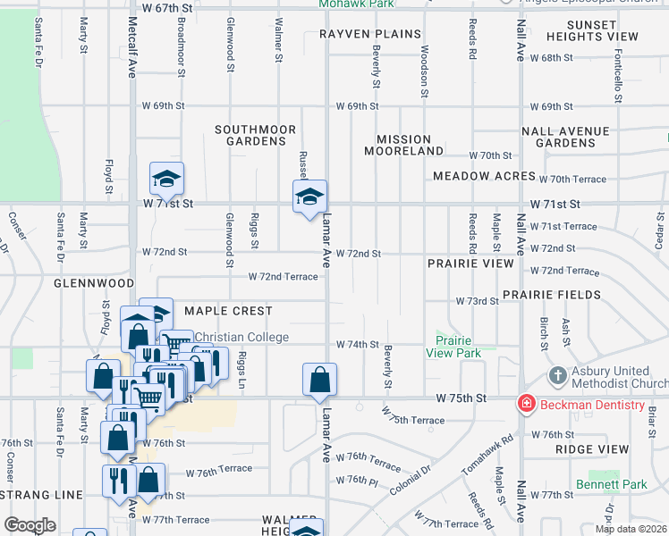 map of restaurants, bars, coffee shops, grocery stores, and more near 7144 Horton Street in Overland Park