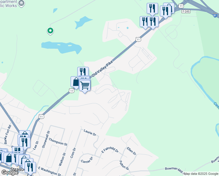 map of restaurants, bars, coffee shops, grocery stores, and more near 85 Hailey Lane in Strasburg