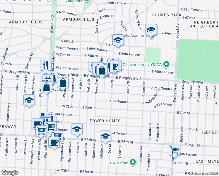 map of restaurants, bars, coffee shops, grocery stores, and more near 7136 Oak Street in Kansas City