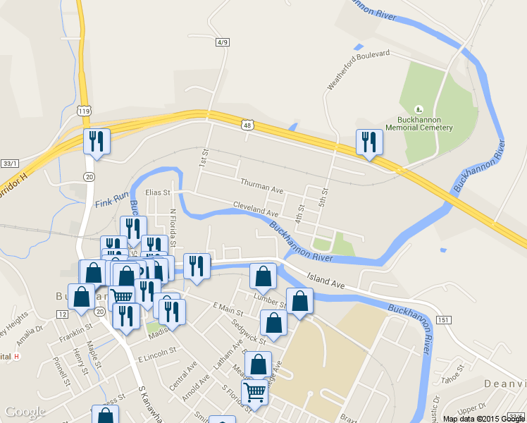 map of restaurants, bars, coffee shops, grocery stores, and more near 3rd Street in Buckhannon