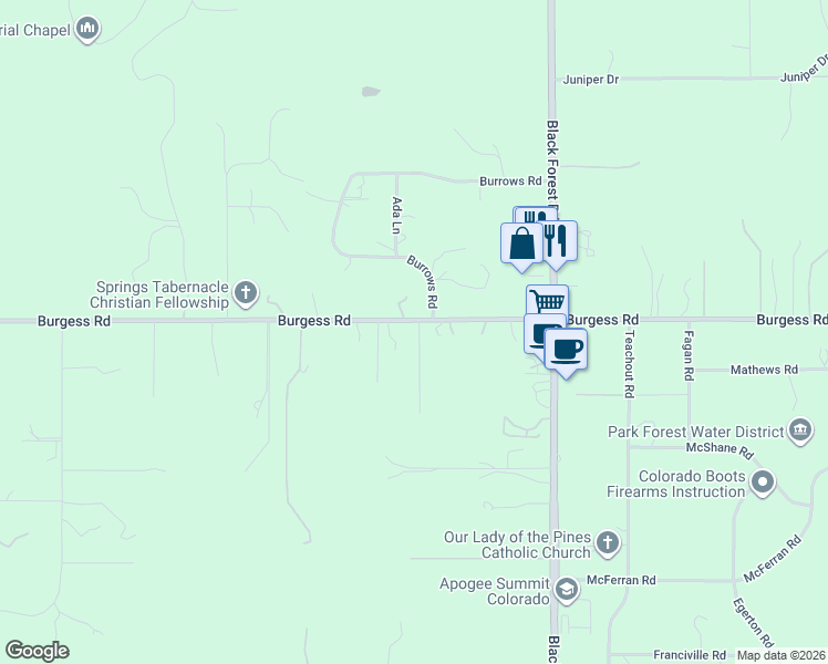 map of restaurants, bars, coffee shops, grocery stores, and more near 6515 Burgess Road in Colorado Springs