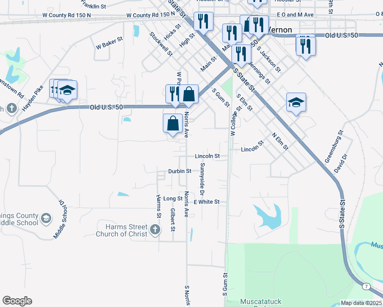 map of restaurants, bars, coffee shops, grocery stores, and more near 70 Norris Avenue in North Vernon