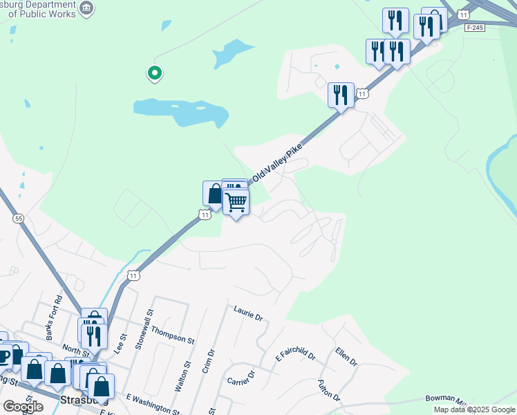 map of restaurants, bars, coffee shops, grocery stores, and more near 225 Brandy Court in Strasburg