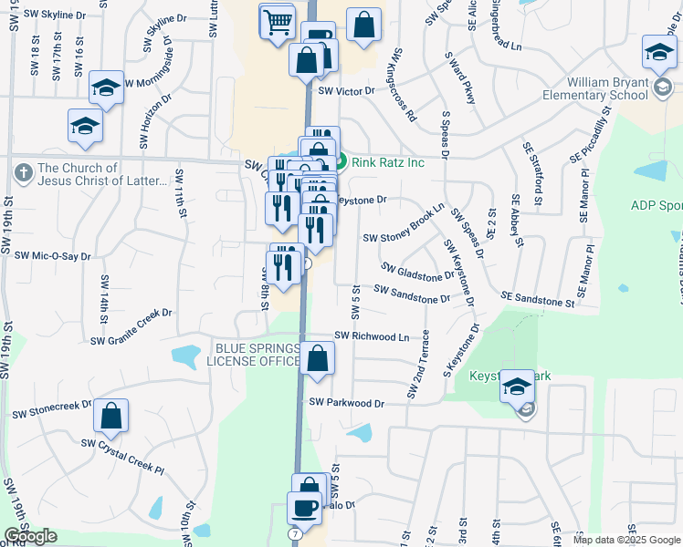 map of restaurants, bars, coffee shops, grocery stores, and more near 1805 Southwest 6 Street in Blue Springs