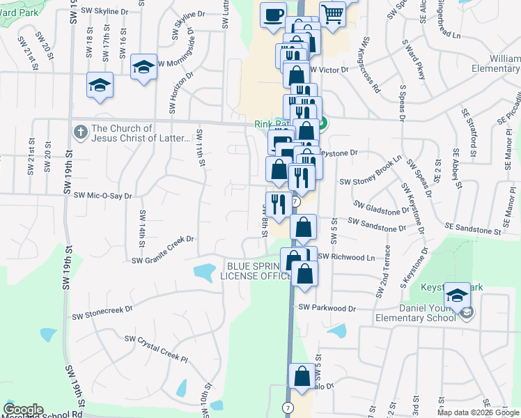 map of restaurants, bars, coffee shops, grocery stores, and more near 1901 Southwest 8th Street in Blue Springs