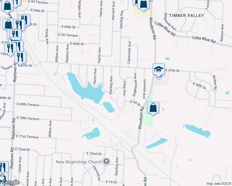 map of restaurants, bars, coffee shops, grocery stores, and more near 6741 Sterling Avenue in Raytown