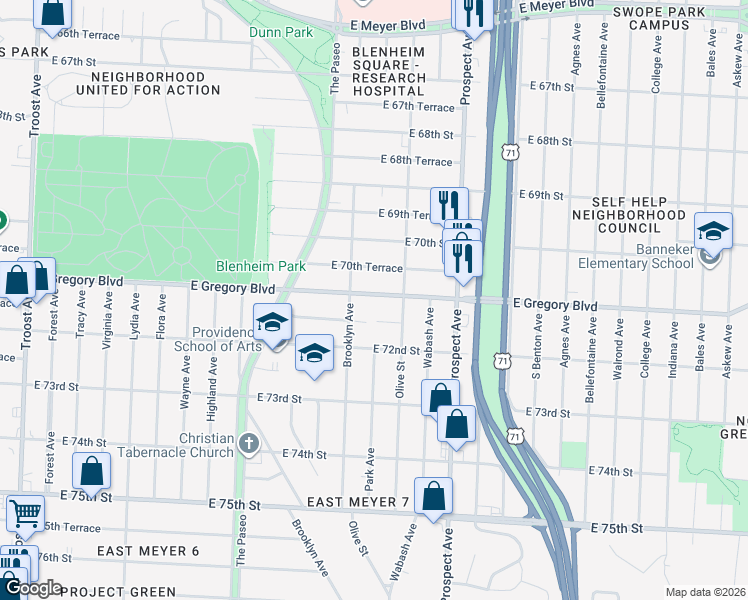 map of restaurants, bars, coffee shops, grocery stores, and more near 2234 East Gregory Boulevard in Kansas City