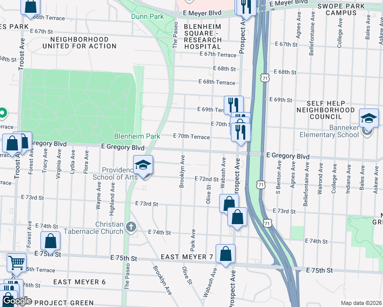 map of restaurants, bars, coffee shops, grocery stores, and more near 2200 East Gregory Boulevard in Kansas City