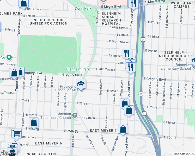 map of restaurants, bars, coffee shops, grocery stores, and more near 2200 East Gregory Boulevard in Kansas City