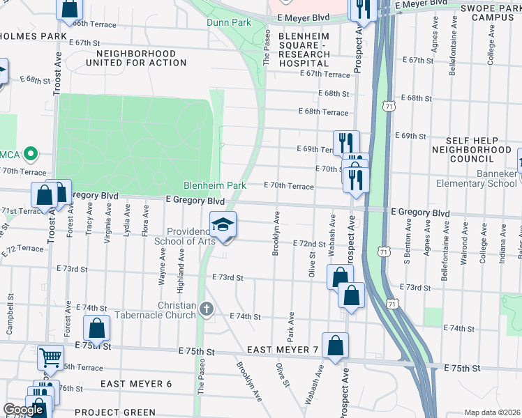 map of restaurants, bars, coffee shops, grocery stores, and more near 2026 East Gregory Boulevard in Kansas City